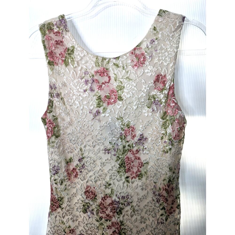 Vintage 90's J.B.S Ltd Maxi Dress Sleeveless Floral Lace Sheer Overlay V Back - Picture 4 of 10